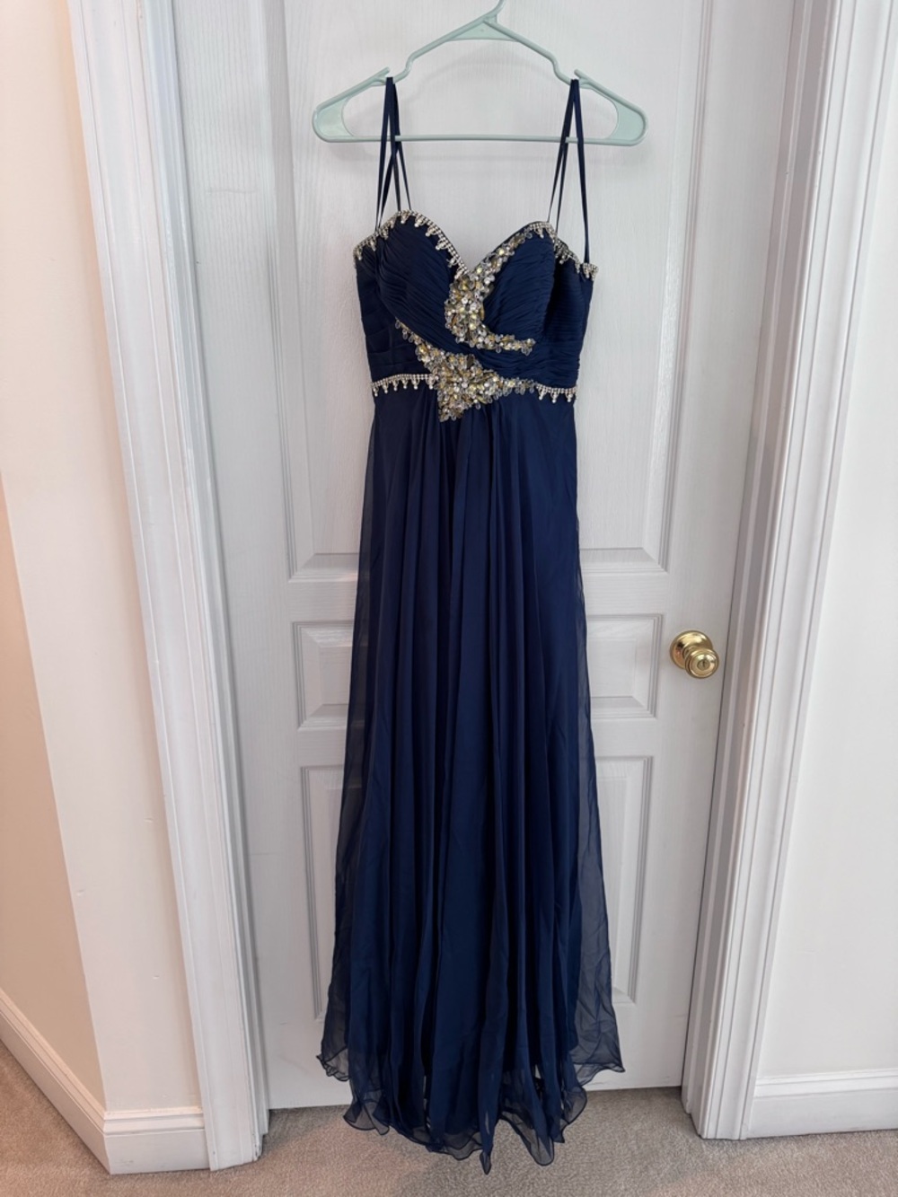 Navy Blue Beaded Evening Gown - Spaghetti Strap Formal Prom Bridesmaid Dress